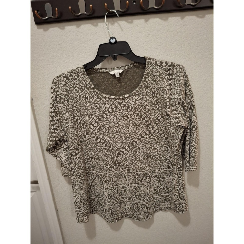 Lucky Brand 1X Olive Green Floral 3/4 Sleeve Bohemian Boho Hippie Blouse